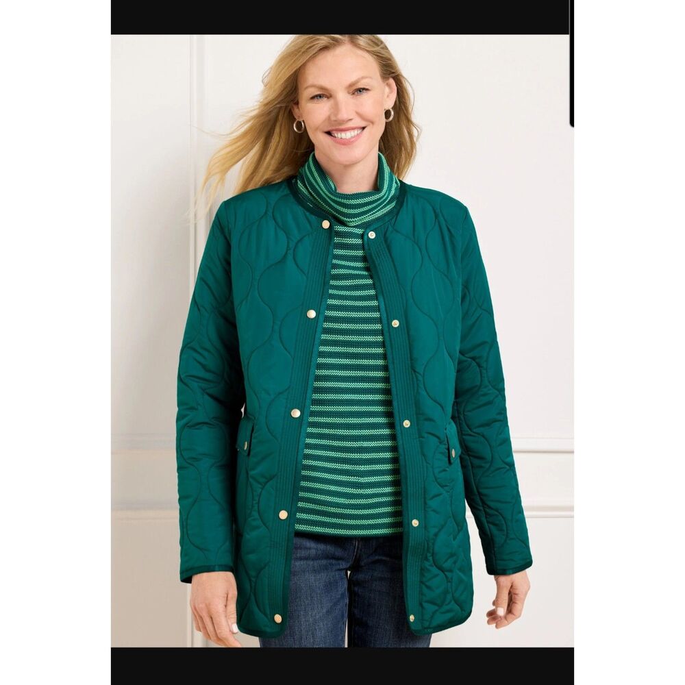 New Talbots Green Blue Quilted Lightweight Spring Fall Coat Jacket - Picture 5 of 10